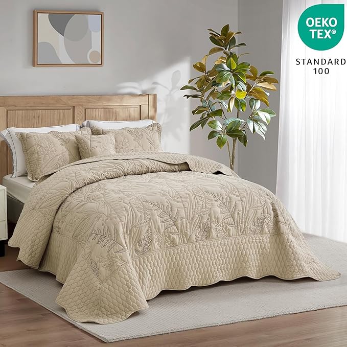 Botanical Oversized Bedspread King Size - Leaves Pattern Stitching Quilt Set - Elegant & Fresh Style Bedding Coverlets, Reversible, Lightweight, 5 Piece, Taupe
