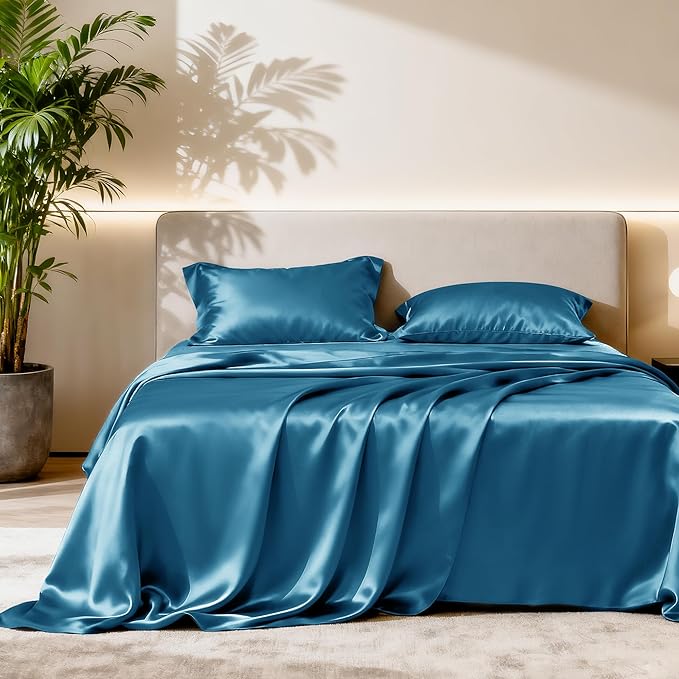 Love's cabin Twin Satin Sheets Sets - 3 Piece Teal Silky Bed Sheets with Deep Pockets, Luxury Silk Feel Satin Twin Size Sheet Set Bedding Set (1 Flat Sheet,1 Fitted Sheet,1 Pillow case)