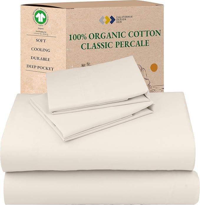 California Design Den Cal King Sheet Set - Soft 100% Organic Cotton Percale Sheets with Deep Pockets, Crisp, Breathable and Durable Bedding Set - Ivory (Cream Tone)