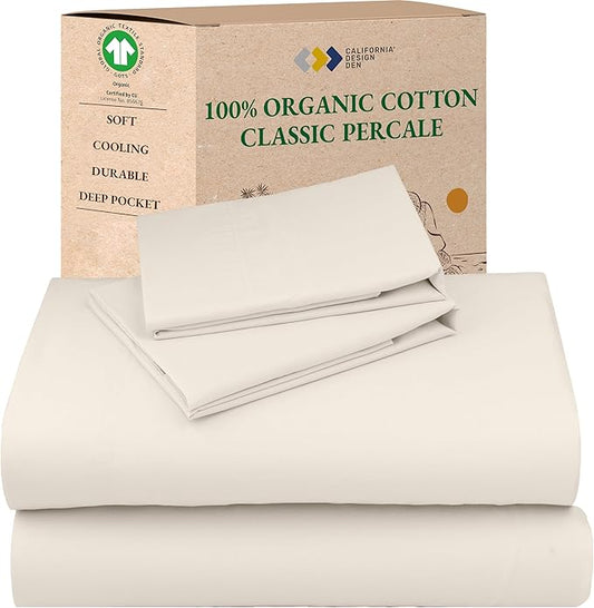 California Design Den Cal King Sheet Set - Soft 100% Organic Cotton Percale Sheets with Deep Pockets, Crisp, Breathable and Durable Bedding Set - Ivory (Cream Tone)