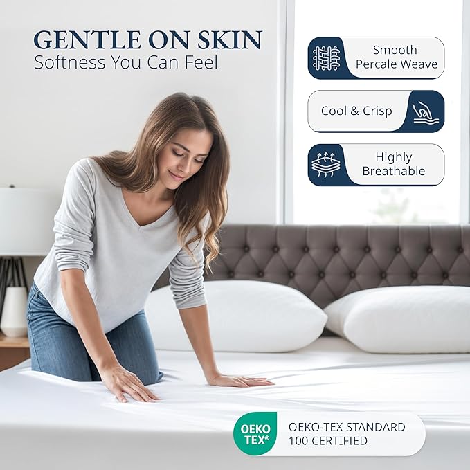 LANE LINEN 100% Organic Cotton Fitted Sheet Queen, 15" Deep Pocket Snug Fit Fully Elasticized Naturally Temperature Regulating Soft & Comfy Deep Pocket Queen Fitted Sheet -White (+Pillowcases)