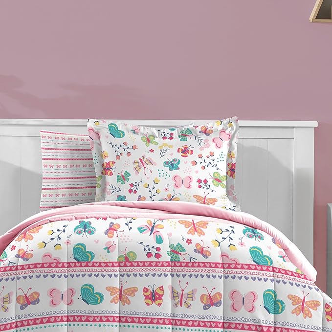 Dream Factory Kids 5-Piece Complete Bed Set Easy-Wash Super Soft Microfiber Comforter Bedding, Twin, Pink Butterfly Garden