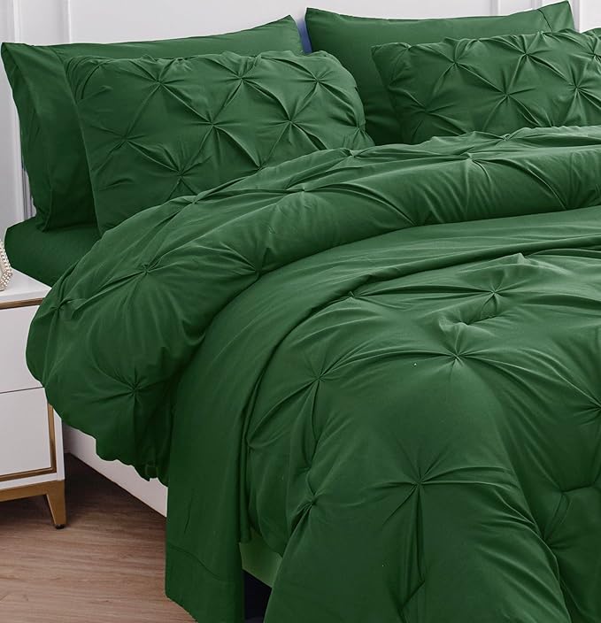 Twin Sized Comforter Set – 5-Pc All in One Bed in a Bag - Featuring Modern Pintuck Stitch Design - Includes Comforter, 1 Pillowcase, 1 Sham, 1 Flat & 1 Fitted Sheet - Apartment Essential - Olive Green | Apartment ready, Modern pintuck, All season comfo...