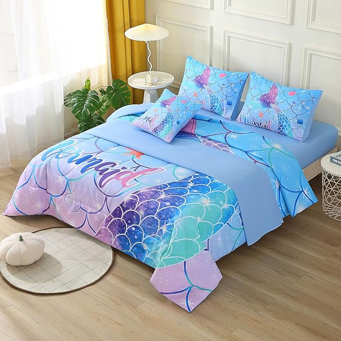 JQinHome Mermaid Comforter Set Queen Size, 6 Piece Mermaid Tail Bed in A Bag,3D Colorful Mermaid Bedding Set for Girls Kids, Sparkle Teal Bedroom Decor Bedding Set with Sheets (Blue)