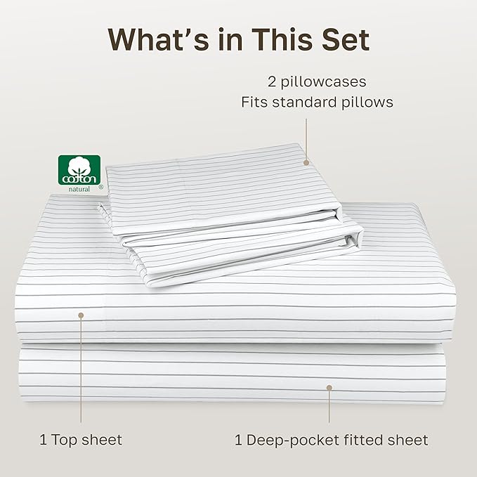 California Design Den Full Size Bed Sheets Set - 400 Thread Count Sateen, Natural 100% Cotton Sheets Full Size, Deep Pocket and Durable Bedding Set - Pinstriped