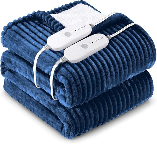 HYLEORY Heated Blanket Electric Queen, Soft Flannel Sherpa Heater 5 Heat Settings and 10 Hours Auto Shut-Off Heating Blanket ETL Certification Over-Heat Protection Machine Washable,Navy Blue
