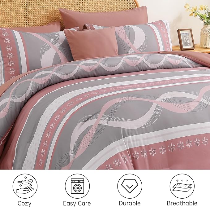 Anibedding Pink Comforter Set Queen Size, 8 Pieces Striped Bed in a Bag Patchwork Bedding Sets, Soft Microfiber Boho Bedding Set for All Season(90"×90")