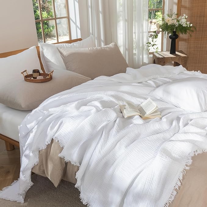 MooMee Muslin Blanket - 100% Cotton 4-Layer Gauze Throw Blanket with All-Around Fringe, Ultra-Soft Breathable Lightweight Cooling Decorative for Bed, Sofa & Couch (Bright White,Throw 60" x 50")
