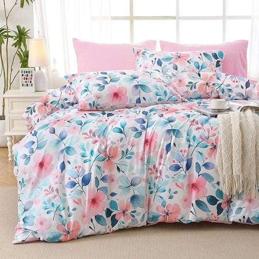 MUXHOMO Pink Blue Branch Bed in a Bag King 7 Pieces, King Comforter Set Reversible Botanical Flowers Design, Ultra Soft & Breathable Bedding Sets with Comforter, Sheets, Pillowcases & Shams