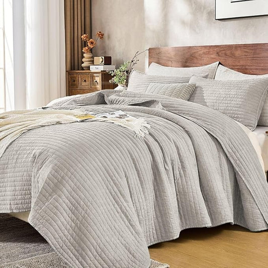 DOWN HOME King Quilt Bedding Set with Shams, Vintage Washed Soft Quilted Blanket Thin Comforter Lightweight Bedspread Coverlet Bed Cover, Brushed Microfiber Stripe Stitching, Light Gray, 104"x90"