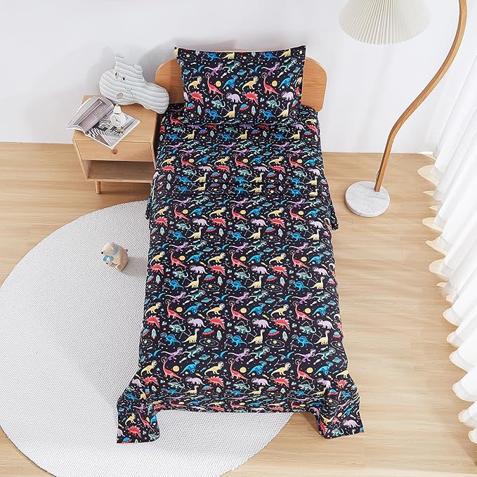 Kids Sheet Set Full Size, Full Sheet Set with Space Dinosaur Pattern，Breathable Silky Soft Microfiber Kids Fitted Sheet
