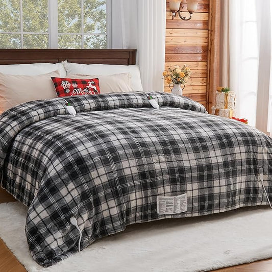 OCTROT Heated Electric Blanket Queen Size, 84X90 Heating Blanket Queen with Dual Control&10 Heats Levels&Timer for Bed,Black Plaid Sherpa Large Blankets Warmer Gift for Grandma Women Adults, Washable