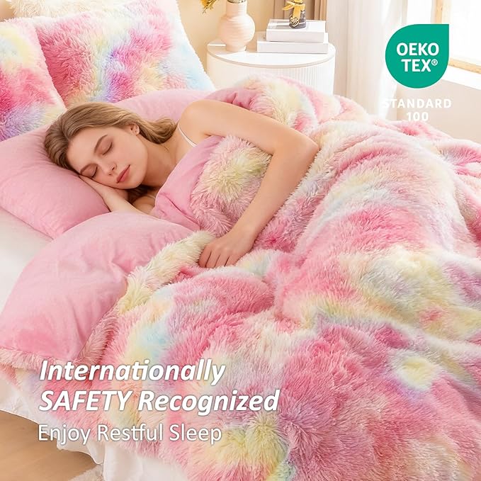 EMME Luxury Fuzzy Duvet Cover Set Queen Size Fluffy Comforter Cover Set for Queen Bed 2 Pieces Shaggy and Plush Soft Bedding Duvet Covers (Rainbow Colorful Pink, Queen)