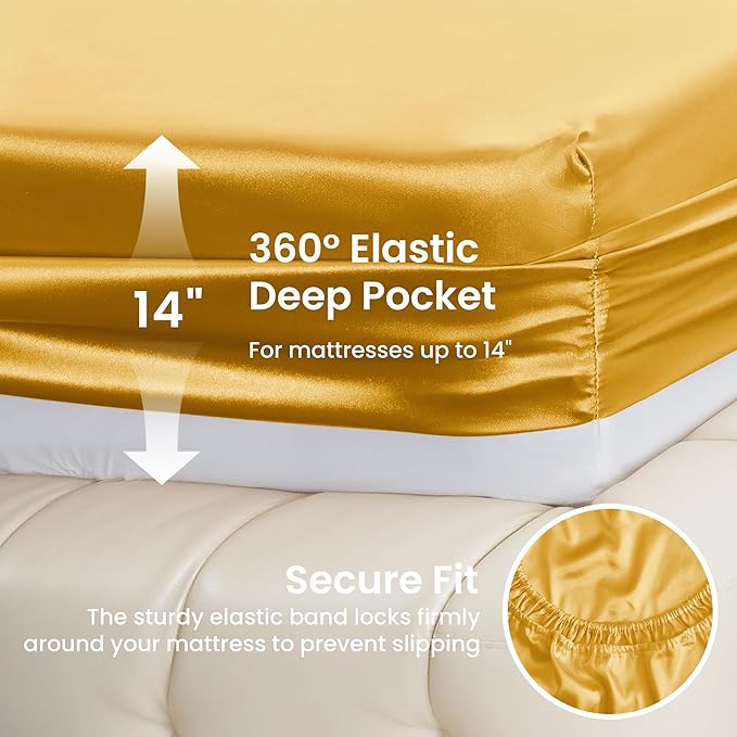 Love's cabin Satin King Sheet Sets - 4 Piece Gold Silky Sheets King Size Bed with Deep Pocket, Luxury Silk Feel King Size Satin Sheet Set (1 Flat Sheet,1 Fitted Sheet,2 Pillow Cases)