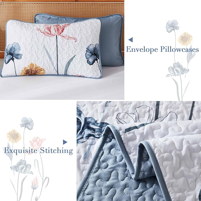 WONGS BEDDING King Set Quilt Set Floral,3 Pieces Blue & Pink Bedspread Coverlet Set Botanical Bedspreads Bed Cover，Quilts Soft Lightweight Farmhouse Flower Bedding Set for Spring Summer(104"x90")