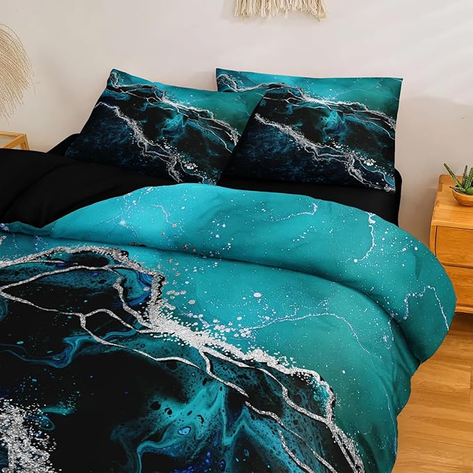 Black Marble Comforter Set 8 Pcs Turquoise Blue Bedding Set Queen Size Bed in A Bag Blue and Black Stone Texture Abstract Room Decor Black Marble Bed Comforter