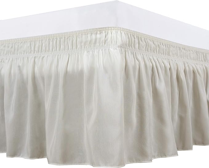 Bed Skirt Three Sides Fabric Adjustable Elastic Wrap Around Dust Ruffled Bed Skirts Short Queen, Ivory, 16 Inch Tailored Drop