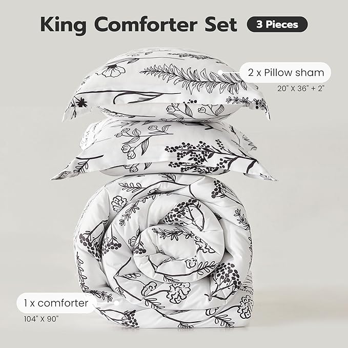 Joiedomi King Size Comforter Set White, 3 Pieces Floral King Bedding Set with 1 Soft Reversible Botanical Comforter and 2 Pillow Shams, Bed in a Bag for All Seasons