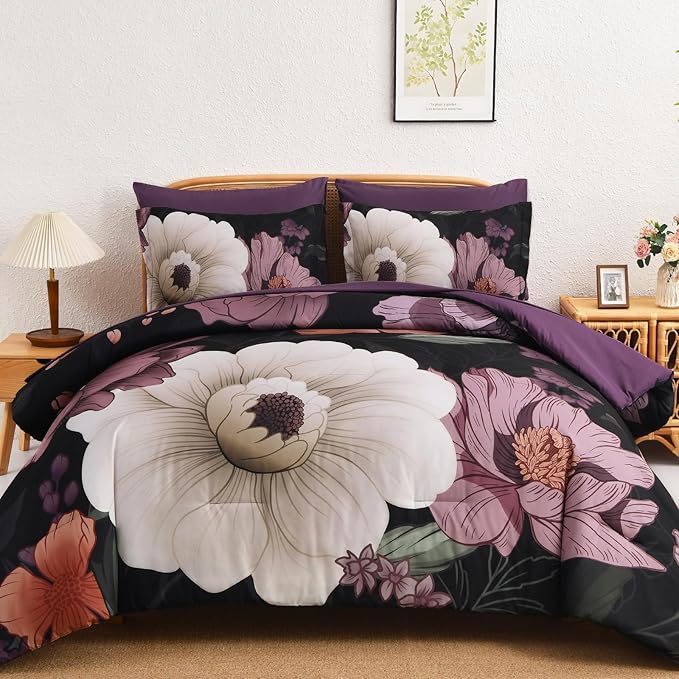 Xruibed Black Purple Floral Comforter Set King Size 7 Pieces Bed in a Bag Flower Bedding Sets Lightweight Boho Bed Set with Sheet,Pillowcases&Shams for All Season