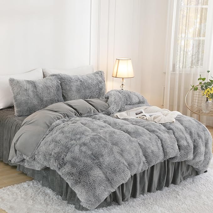 annadaif Plush Shaggy Duvet Cover, Tie Dye Gray White Fluffy Comforter Cover Set Full Size, Fuzzy Faux Fur Bedding Set with Zipper Closure, Luxury Ultra Soft 3 Pieces (1 Duvet Cover, 2 Pillowcases)