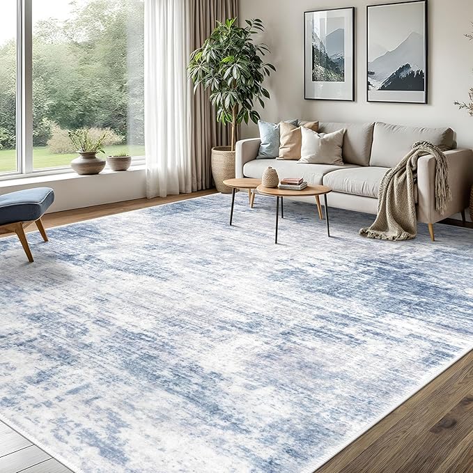 IOHOUZE Abstract Area Rugs 8x10 Ft Washable Large Rugs for Living Room, Non Slip Dining Room Rug, Printed Faux Wool Rugs for Bedroom, Floor Carpet for Office Nursery Playroom, Light Blue White