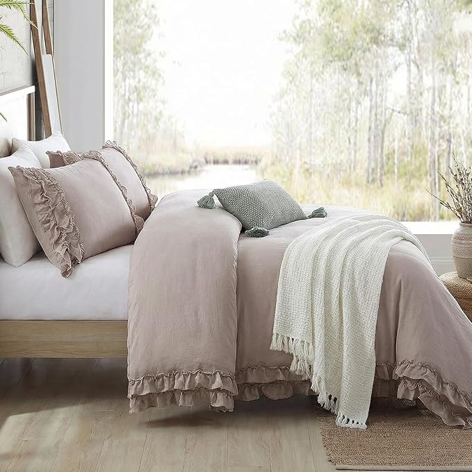 Bedorm Taupe Duvet Cover Set King Ruffle Bedding Set Pleat Ruffled Shabby Chic Comforter Cover Extra Soft & Easy Care Boho Duvet Cover with Zipper Closure