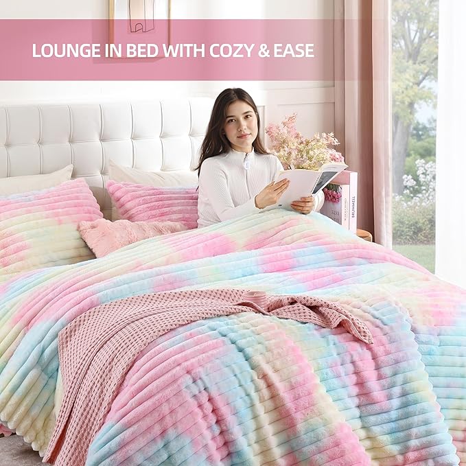 Smoofy Fluffy Twin Comforter Sets 2 Pieces - Rainbow Fleece Fluffy Comforter Set, Luxury Fuzzy Twin Bedding Set, Soft Warm Comforter All Season, Heavy Faux Fur Comforter with Pillow Cases