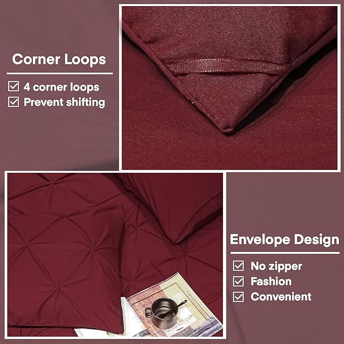 Andency Burgundy Comforter Set Twin(66x90Inch), 2 Pieces(1 Pinch Pleat Comforter and 1 Pillowcase) Pintuck Comforter Set, Soft Lightweight Microfiber Down Alternative Bedding Comforter Set