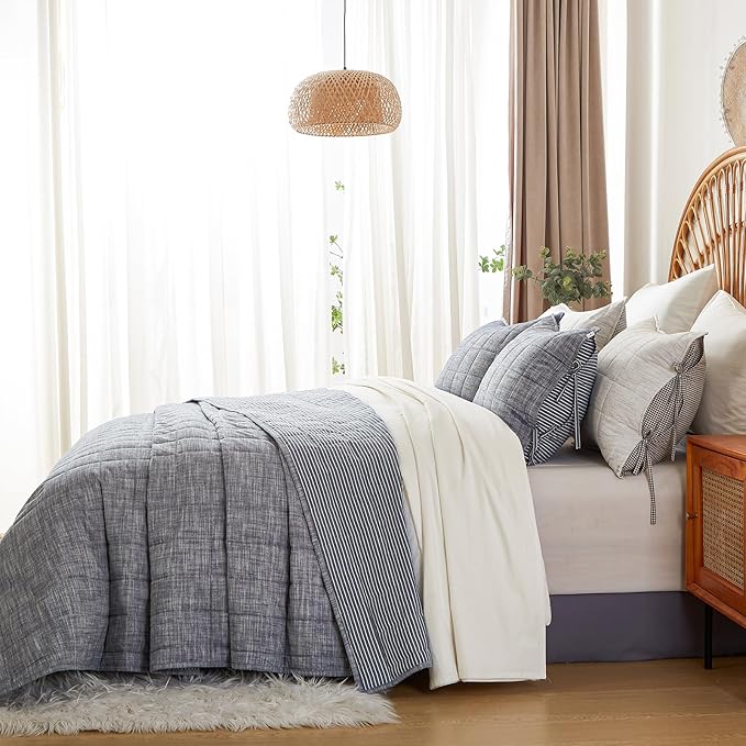 Navy Quilts Queen Size， Cotton Bedspreads Queen Size，3-Pieces Queen Quilt Set with Blue Stripe Bedding Coverlet Light Weight Quilted Blanket with 2 Pillow Shams