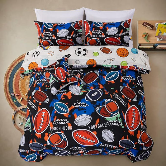 A Nice Night Boys Rugby Balls Comforter Set 6-Piece Bed-in-a-Bag with Sheet Set, Full Size Polyester Bedding Collections for Kids,Red Black