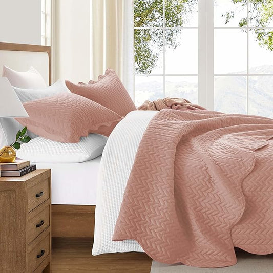 MOONLIGHT20015 California King 8 Pack Quilt Bedding Set Size (118"x106") + 2 Pillow Shams (20" x 36"+ 2") - 3 Pcs All Season Reversible Microfiber Coverlet Embossed Quilt Bedspread (Peach/Baby Pink)