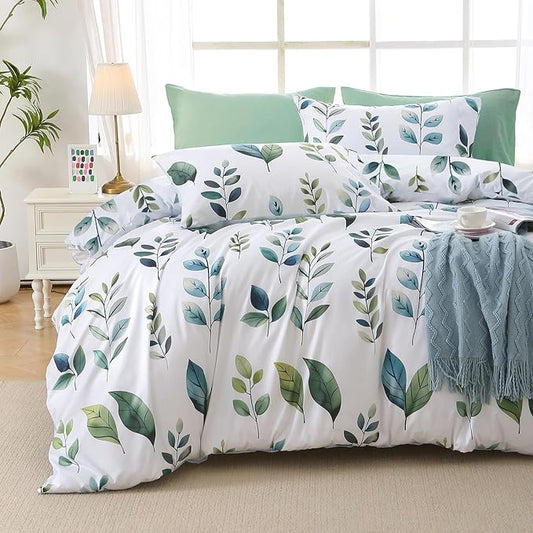 MUXHOMO Grey Green Foliage Bed in a Bag King 7 Pieces, King Comforter Set Reversible Botanical Flowers Design, Ultra Soft & Breathable Bedding Sets with Comforter, Sheets, Pillowcases & Shams