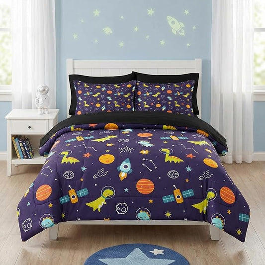 Comforter Set Queen Size, Space Astronaut Dinosaur 7 Pcs Bedding for Kids and Adults, Funny Galaxy Dino Planet Bed Sheet Sets with Fitted Sheet 2 Pillowcases & 2 Shams for Bedroom Bed Decor