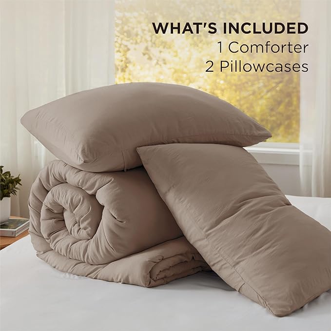Bedsure Queen Comforter Set, Brown Soft Prewashed Bedding for All Seasons, 3 Pieces GentleSoft™ Bed Set, 1 Lightweight Comforter (90"x90") and 2 Pillowcases (20"x26")