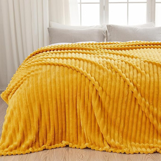 NEWCOSPLAY Super Soft King Blanket Mustard Yellow Premium Silky Flannel Fleece 3D Ribbed Jacquard Lightweight Bed Blanket All Season Use (Mustard Yellow Ribbed, King(90"x110"))