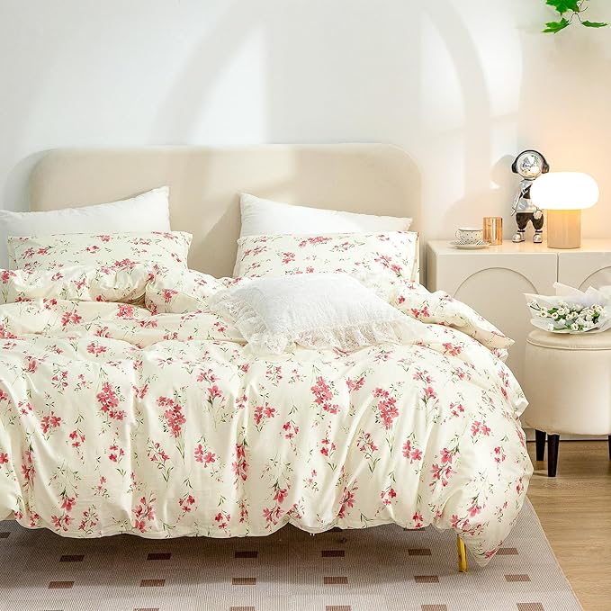 CottonLife King Size Duvet Cover, 100% Brushed Microfiber 3 Pieces King Floral Bedding Sets, Red Floral Chic Garden Style Floral Pattern Printed King Duvet Set with Zipper Closure