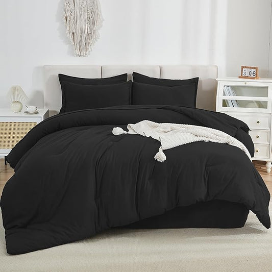 Litanika Comforter California King Size Set Black - 7 Pieces Bed in a Bag California King Bedding Comforter Sets, Plain Lightweight Bed Set with Comforter, Sheets, Pillowcases & Shams