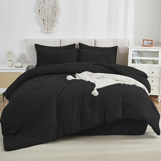 Litanika Comforter Queen Size Set Black - 7 Pieces Bed in a Bag Queen Bedding Comforter Sets, Plain Lightweight Bed Set with Comforter, Sheets, Pillowcases & Shams