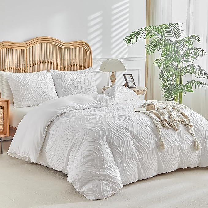 Lekesky White Duvet Cover Queen Size, Boho Tufted Textured Queen Duvet Cover Set 3pcs Ultra Soft Microfiber Breathable Shabby Chic Bedding Sets with Zipper Ties (No Comforter)