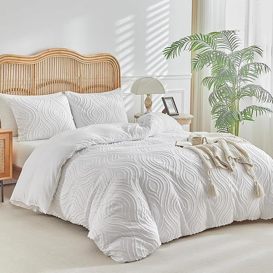Lekesky White Duvet Cover Queen Size, Boho Tufted Textured Queen Duvet Cover Set 3pcs Ultra Soft Microfiber Breathable Shabby Chic Bedding Sets with Zipper Ties (No Comforter)