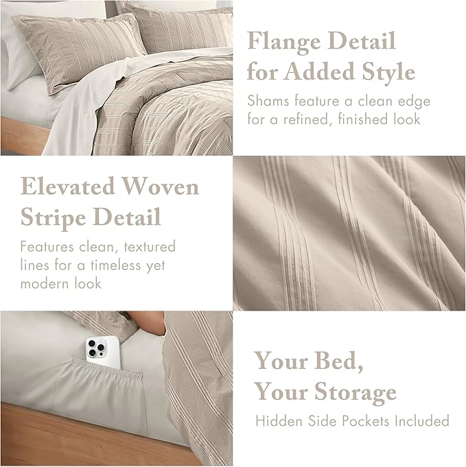 Madison Park Essentials Striped Comforter Set Full, 7 Pieces Modern Minimalist Jacquard Bedding Set for All Season, Bed in A Bag with Sheet Set and Soft Brushed Reverse, Lightweight Neutral