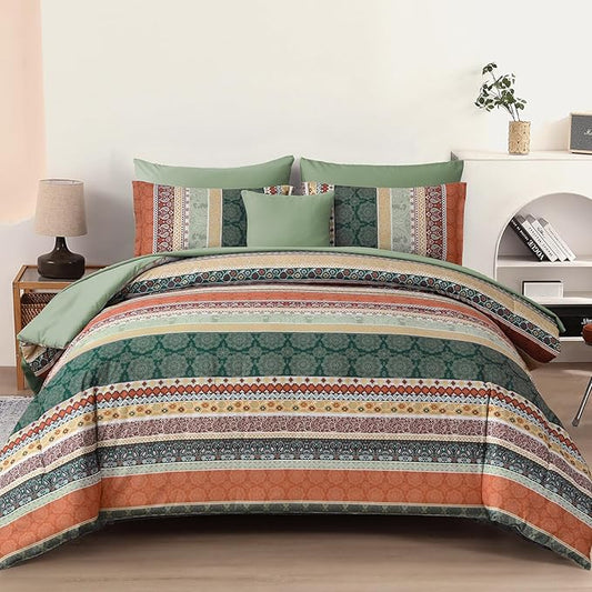 Cottolester Boho Comforter Set King Size,8 Pieces Sage Green and Orange Bohemian Striped Bed in a Bag,Paisley Soft Microfiber Bedding Comforter Set