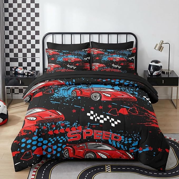 Nesker 7 Pcs Comforter Set Full Size, Red Black Sports Car Bedding for Kids Teen, Auto Race with Fitted Sheet 2 Pillowcases & 2 Shams for Bedroom Bed Decor