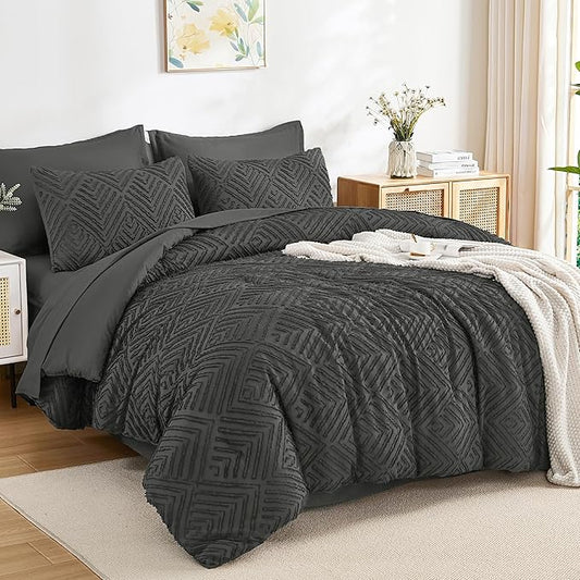 Andency Queen Comforter Set 7 Piece Dark Grey - Bed in a Bag Queen Boho Lightweight Fluffy Tufted Bedding Sets with Comforter, Sheets, Pillowcases & Shams