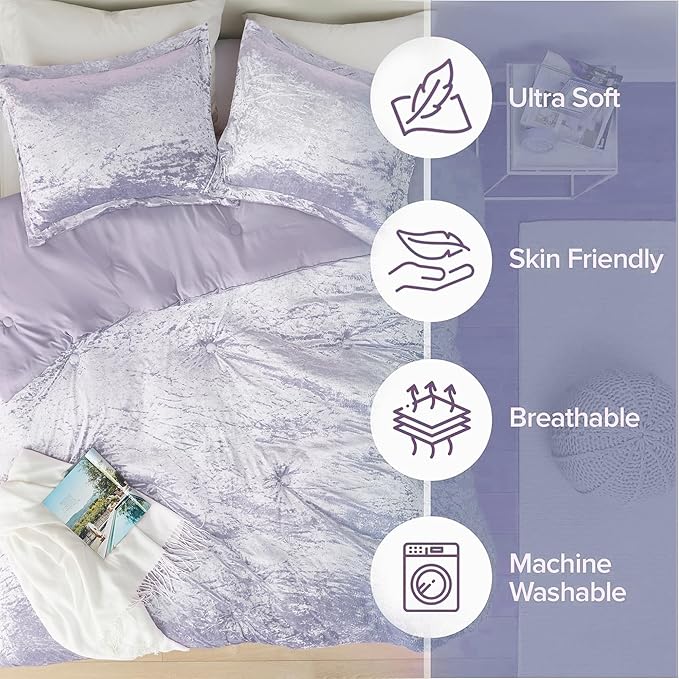 Comfort Spaces Juliette Purple Comforter Set Velvet Lush with Soft Brushed Microfiber Reverse, All Season Cozy Velvet Lavender Bedding Sets, Fluffy Comforter Bed Set, Matching Sham, Full/Queen 3 Piece