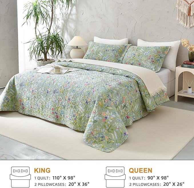 QSH 100% Cotton Quilt Queen Size Bedding Set (90"x98") 3Pcs Green Floral Quilt Set Summer Flower Bird Butterfly Printed Bedspread Coverlet Queen Lightweight Soft Bedding Set with Pillowcases
