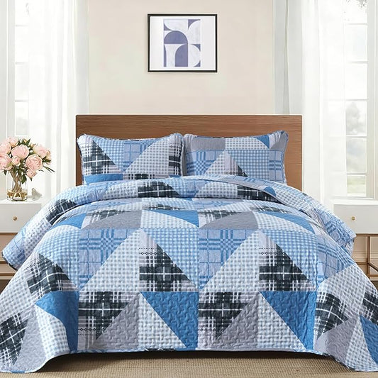 Annibedding Blue Quilt Set King Size, 3 Pieces Geometric Bedspread Plaid Patchwork Bedding Set for All Season, Soft Lightweight Bedspread with Wave Quilting (King, 110“x90)