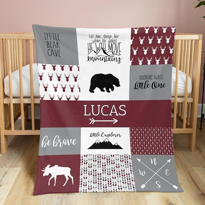 Personalized Baby Blanket Custom Blanket with Name for Newborn Baby Boy Nursery Blankets Gifts Customize Baby Blankets 35x45in Newborn Holiday Shower Gift, Deep Red