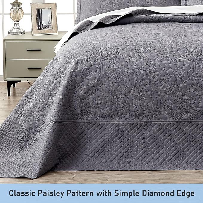 Qucover Alaska King Bedspread 132x 120, Oversized King Bedspread Extra Wide, 3 Piece Soft Microfiber Lightweight Oversized King Quilts Bedding Set, Quilting Paisley Pattern, with Pillow Shams, Grey