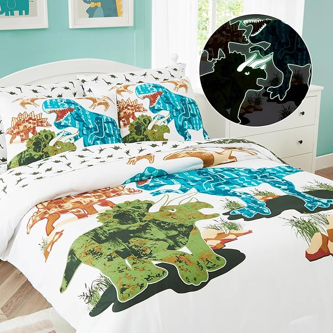 Twin Kids Comforter Set - 5 Pieces Twin Bedding Sets for Boys Teen, Glow in The Dark Dinosaurs Bed in A Bag with Sheets